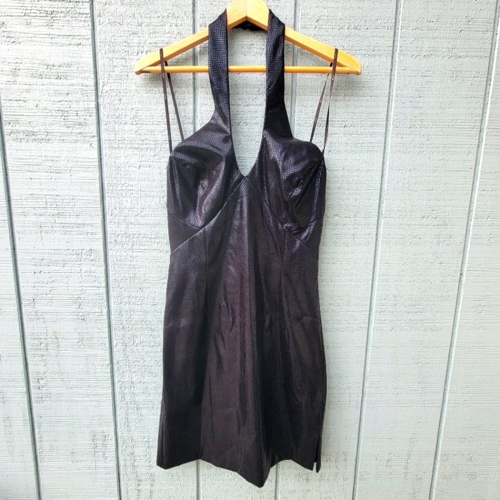 NWT y2k Cache Faux Snakeskin Halter Plunge Mini Dress size M Black LBD